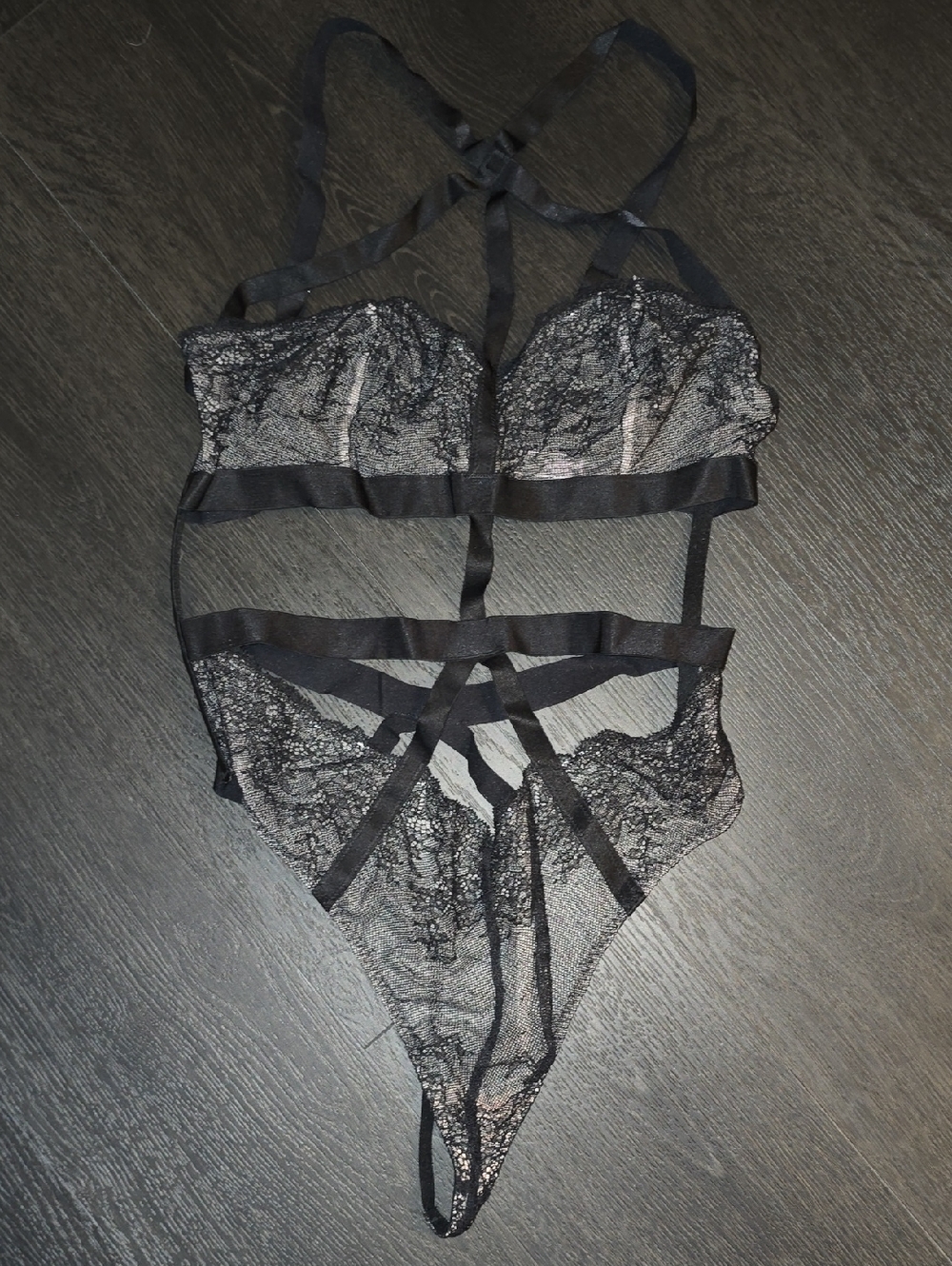 Victoria's Secret Black Lace Strappy Bodysuit
